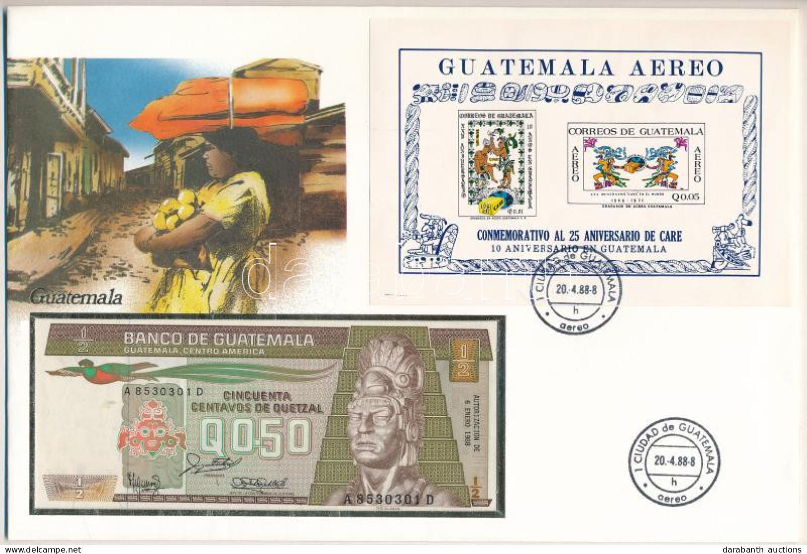 Guatemala 1988. 50c Felbélyegzett Borítékban, Bélyegzéssel T:UNC Guatemala 1988. 50 Centavos In Envelope With Stamp And  - Non Classés