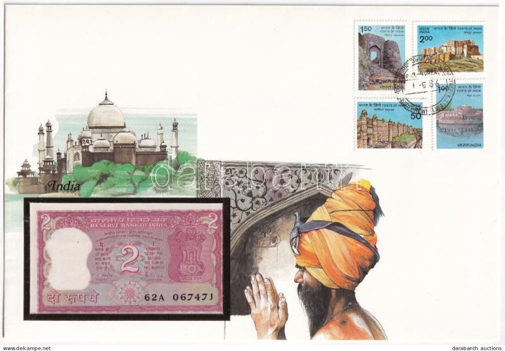 India DN 2R Felbélyegzett Borítékban, Bélyegzéssel T:I India ND 2 Rupees In Envelope With Stamp And Cancellation C:UNC - Zonder Classificatie