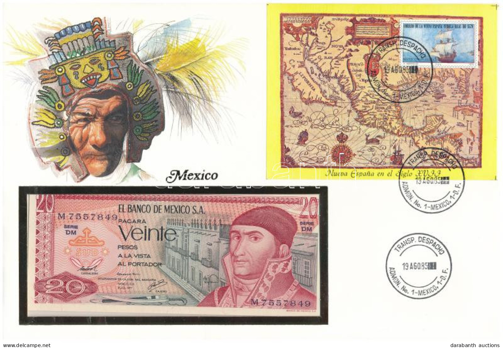 Mexikó 1977. 20P Felbélyegzett Borítékban, Bélyegzéssel T:UNC Mexico 1977. 20 Pesos In Envelope With Stamp And Cancellat - Ohne Zuordnung