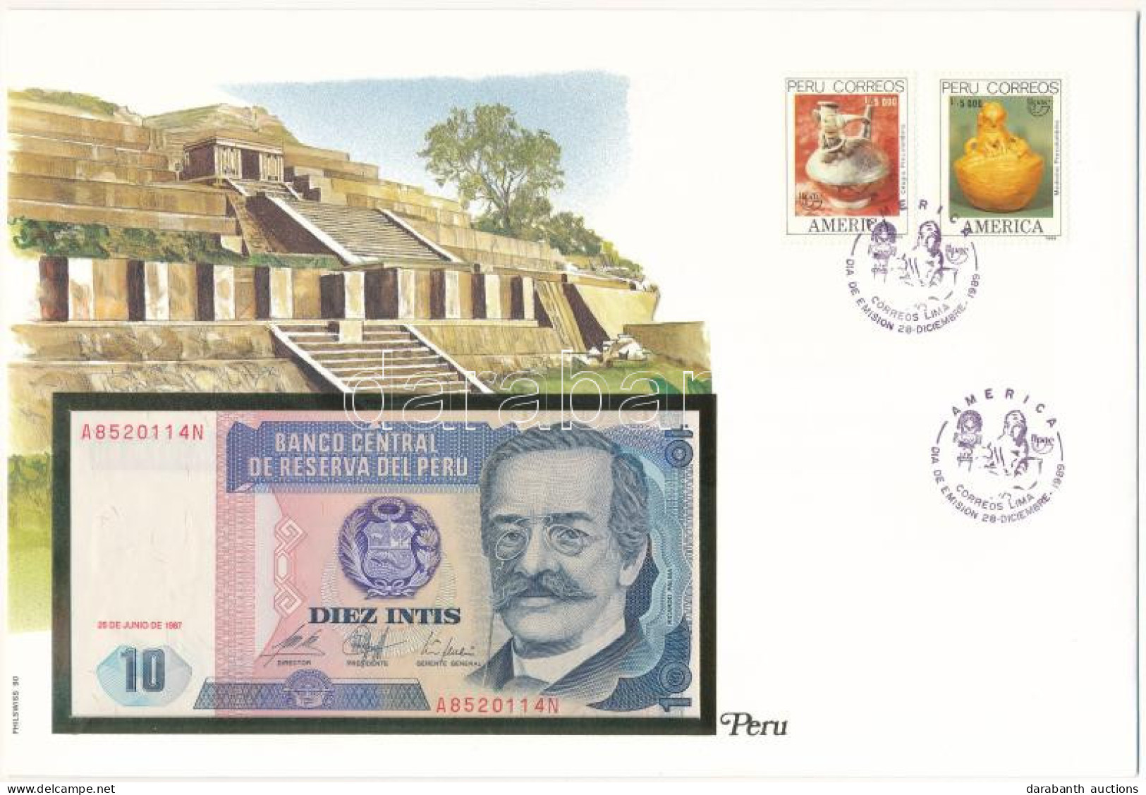 Peru 1987. 10I Felbélyegzett Borítékban, Bélyegzéssel T:UNC Peru 1987. 10 Intis In Envelope With Stamp And Cancellation  - Ohne Zuordnung