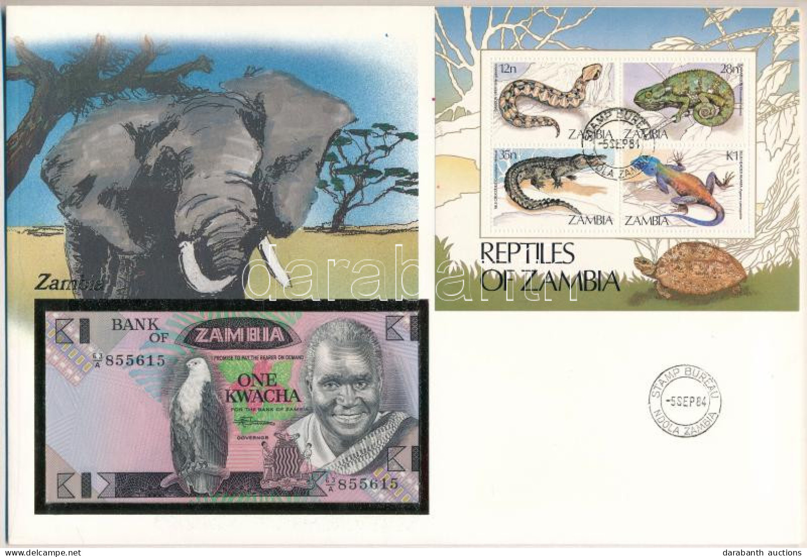 Zambia 1980-1988. 1K Felbélyegzett Borítékban, Bélyegzéssel T:UNC Zambia 1980-1988. 1 Kwacha In Envelope With Stamp And  - Non Classés