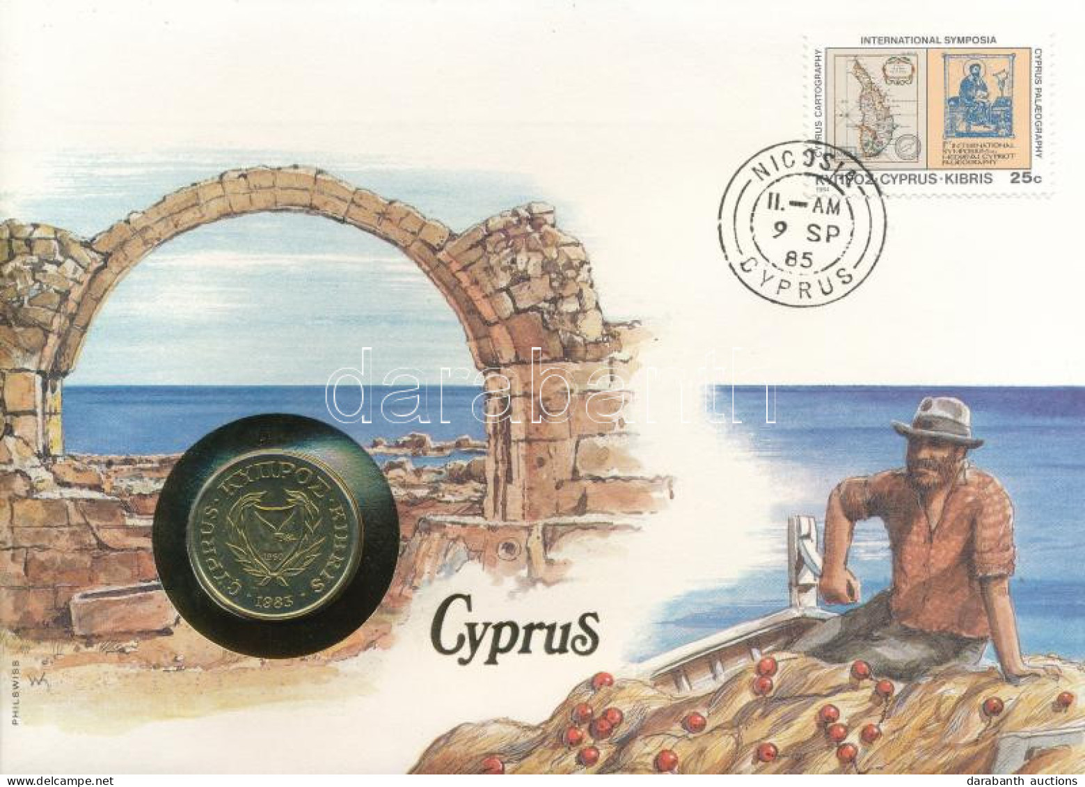 Ciprus 1983. 20c érmés Borítékban, Bélyegzéses Bélyeggel, Német Nyelvű Leírással T:UNC Cyprus 1983. 20 Cents In Coin Env - Ohne Zuordnung