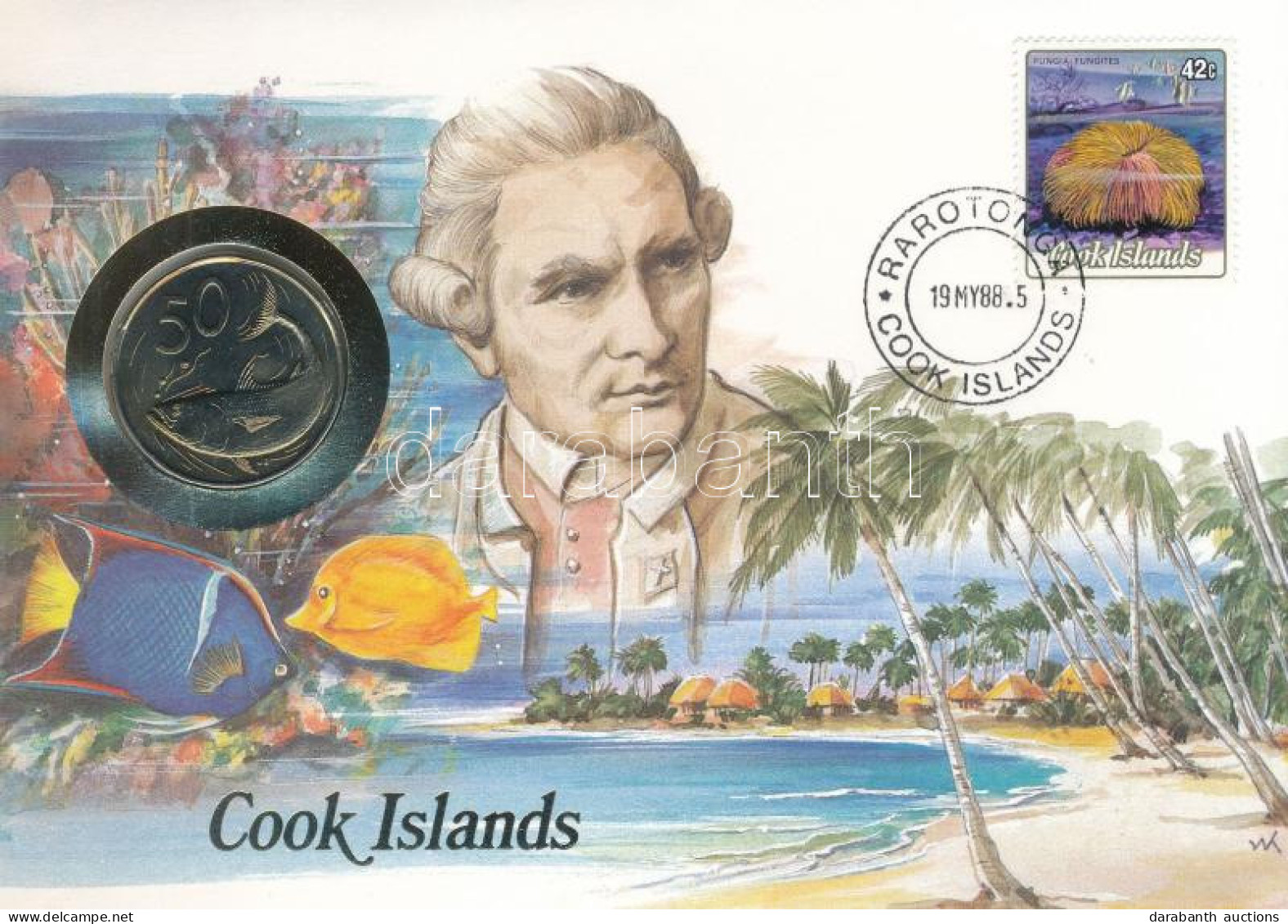 Cook-szigetek 1987. 50c Cu-Ni Felbélyegzett Borítékban, Bélyegzéssel, Német Nyelvű Leírással T:UNC  Cook Islands 1987. 5 - Non Classés
