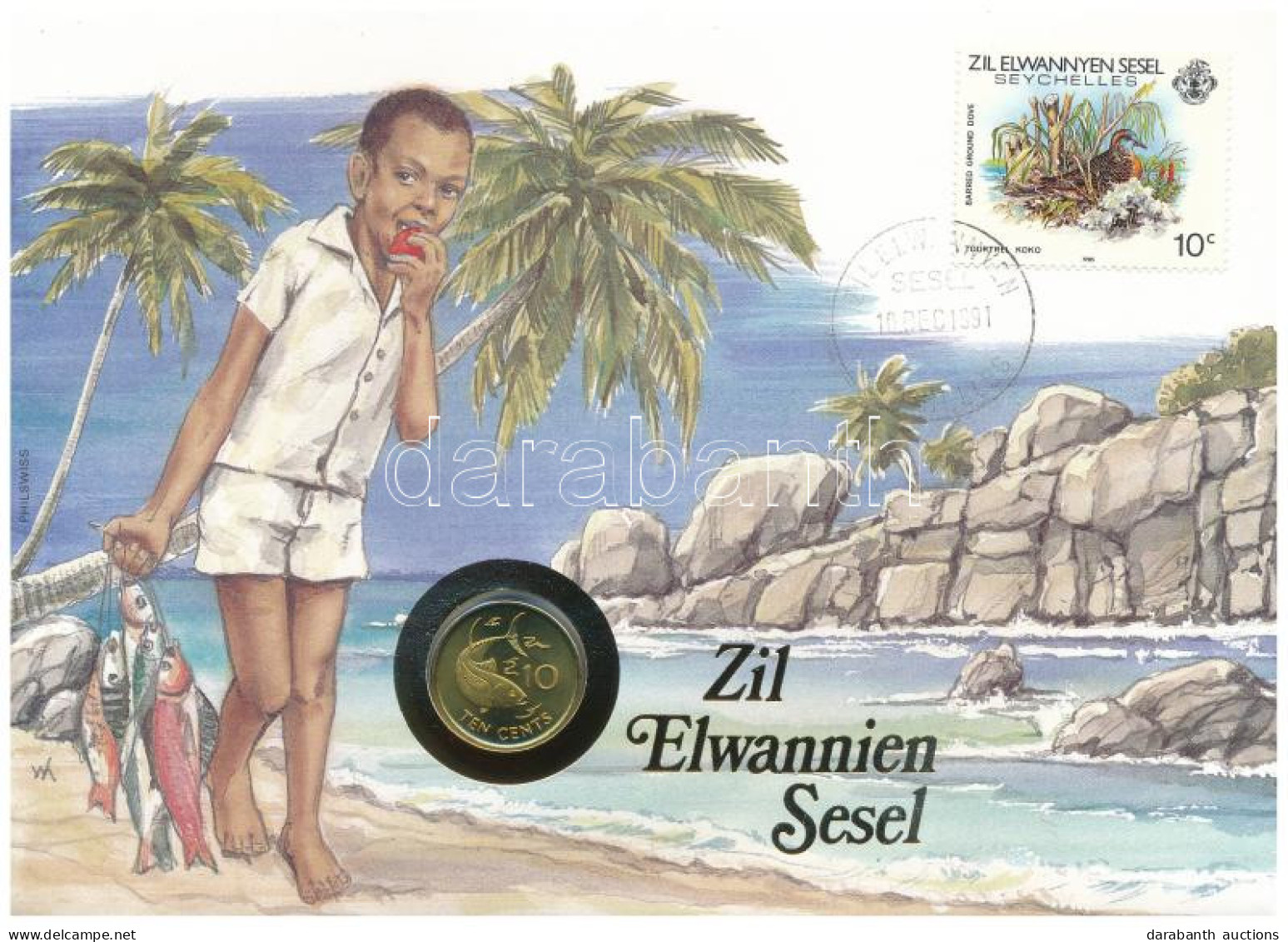 Seychelles-szigetek 1990. 10c Felbélyegzett Borítékban, Bélyegzéssel, Német Nyelvű Leírással T:UNC Seychelles 1990. 10 C - Unclassified