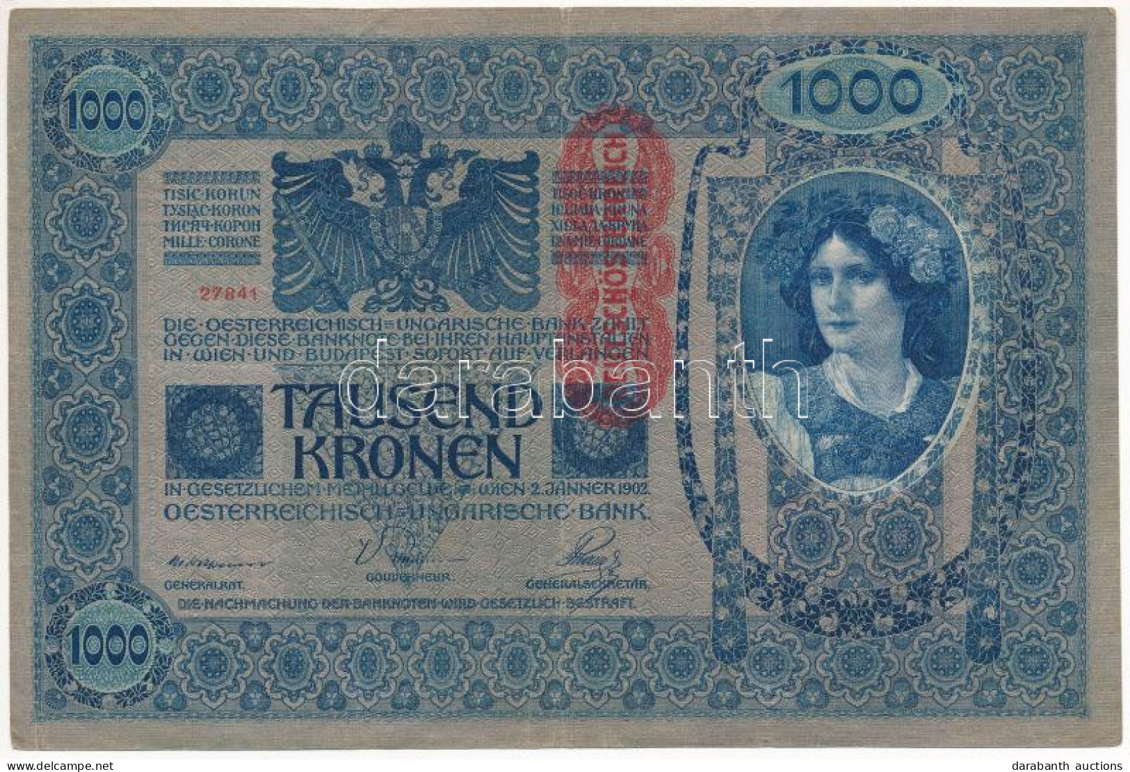 Ausztria 1902. 1000K "27841", Piros "Deutschösterreich" Felülbélyegzéssel, Mindkét Oldal Német T:III  Austria 1902. 1000 - Non Classés