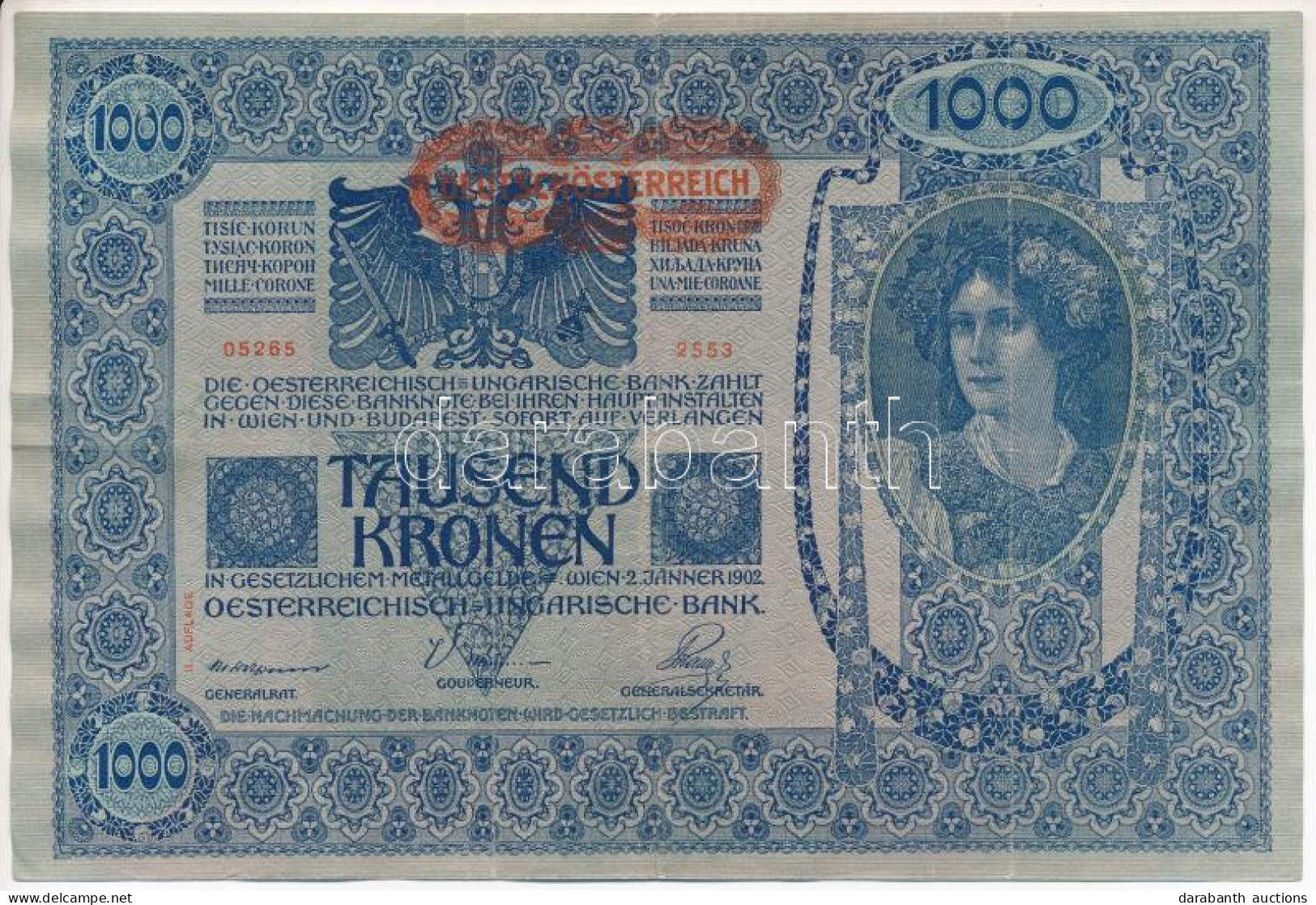 Ausztria 1920. (1902) 1000K II. Kiadás, Hátlap Rajzos, "2553 05265", Piros Vízszintes "DEUTSCHÖSTERREICH" Felülbélyegzés - Non Classés