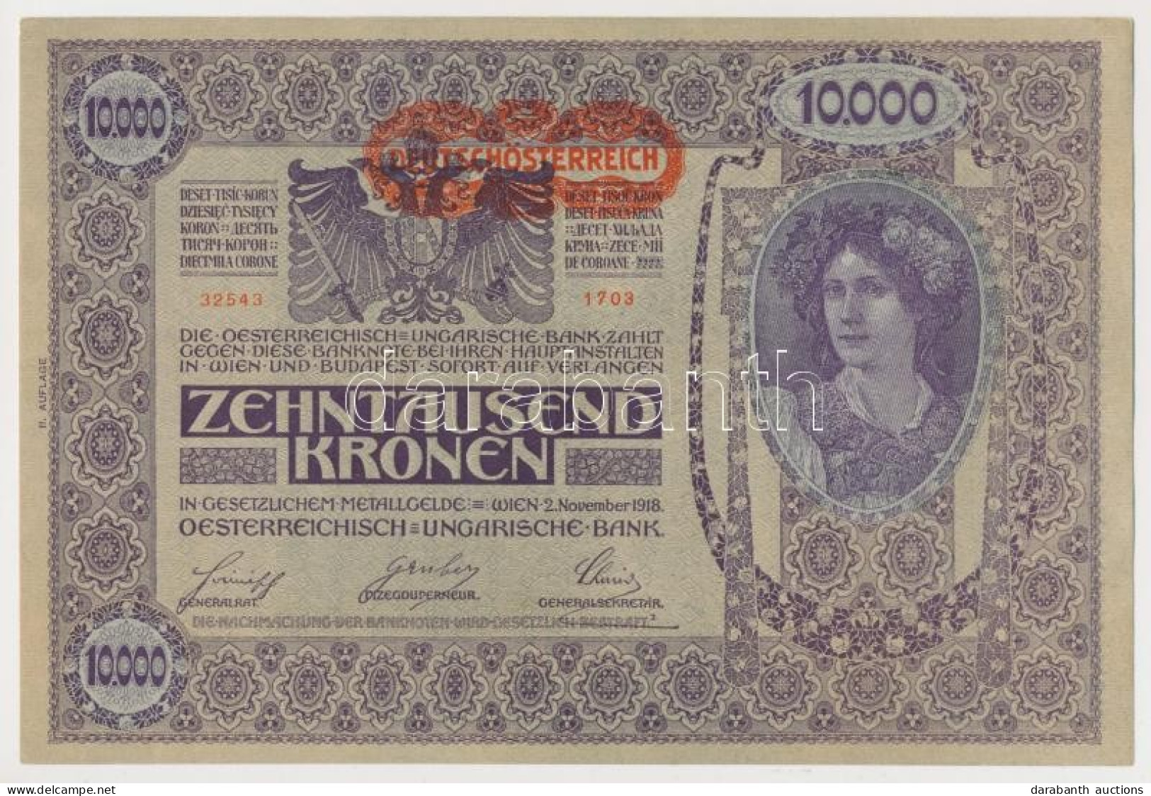 Ausztria 1919. 10.000K Hátlap Rajzos, Piros "Deutschösterreich" Felülbélyegzéssel, II. Kiadás T:I- Austria 1919. 10.000  - Unclassified