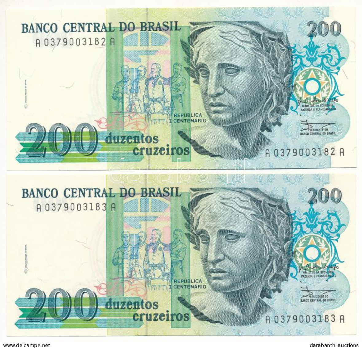 Brazília 1990. 200C (2x) Sorszámkövetők "A 0379003182 A - A 0379003183 A" T:UNC Brazil 1990. 200 Cruzeiros (2x) Consecut - Ohne Zuordnung