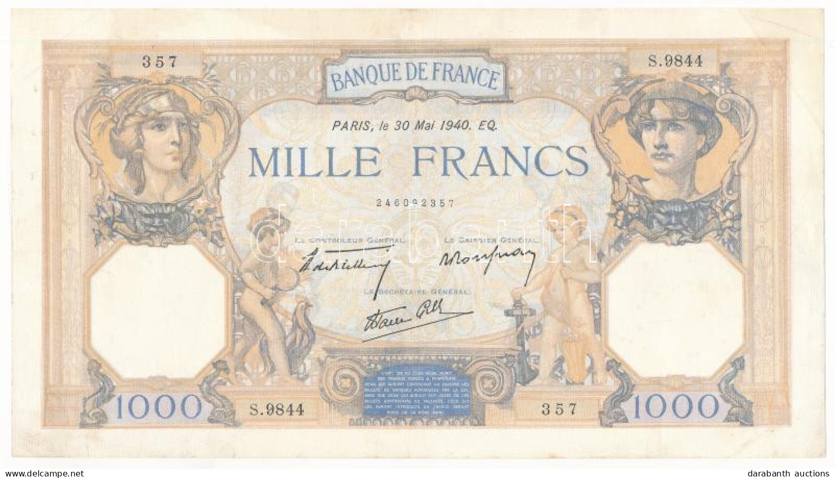 Franciaország 1940. 1000Fr T:F Tűlyuk, Szép Papír France 1940. 1000 Francs C:F Pinholes, Fine Paper - Ohne Zuordnung