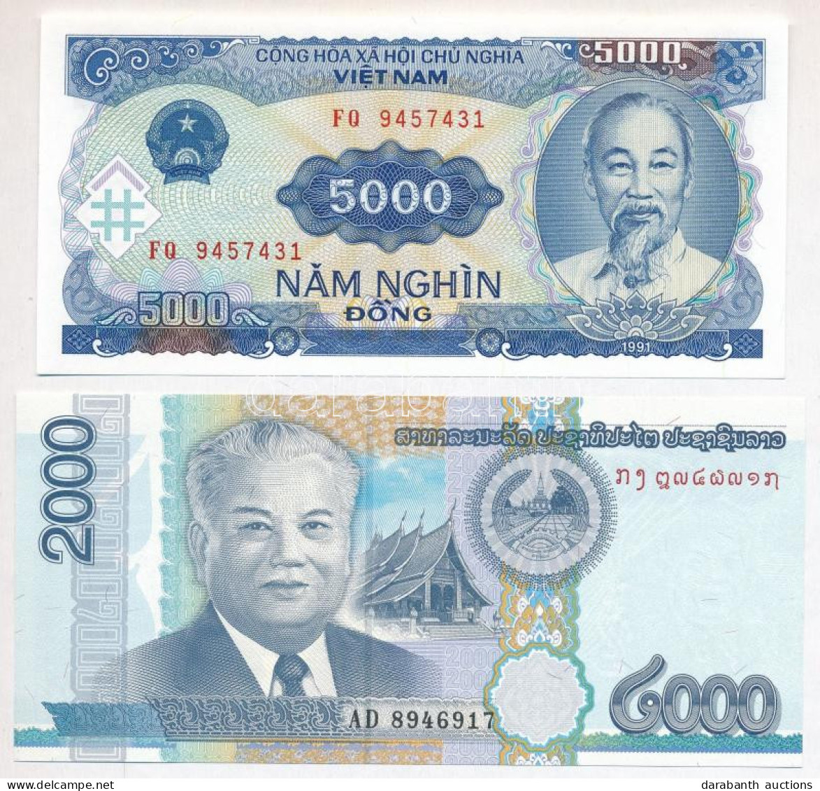 Laosz 2011. 2000K + Vietnám 1991. 5000D T:UNC Laos 2011. 2000 Kip + Vietnam 1991. 5000 Dong C:UNC - Non Classés