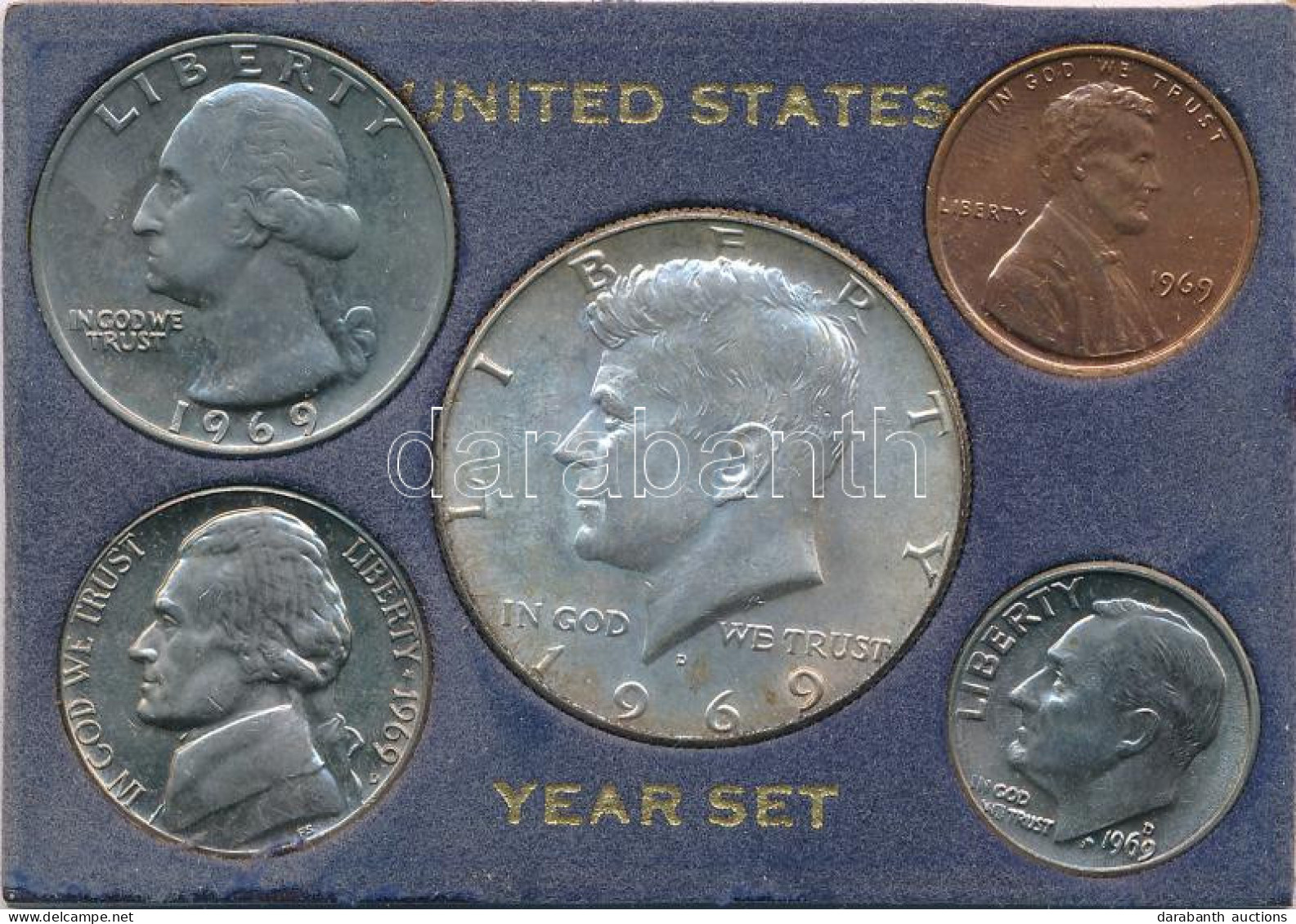 Amerikai Egyesült Államok 1969. 1c-1/2$ (5xklf) Forgalmi összeállítás Műanyag Tokban, Benne 1969D 1/2$ Ag "Kennedy" T:AU - Unclassified