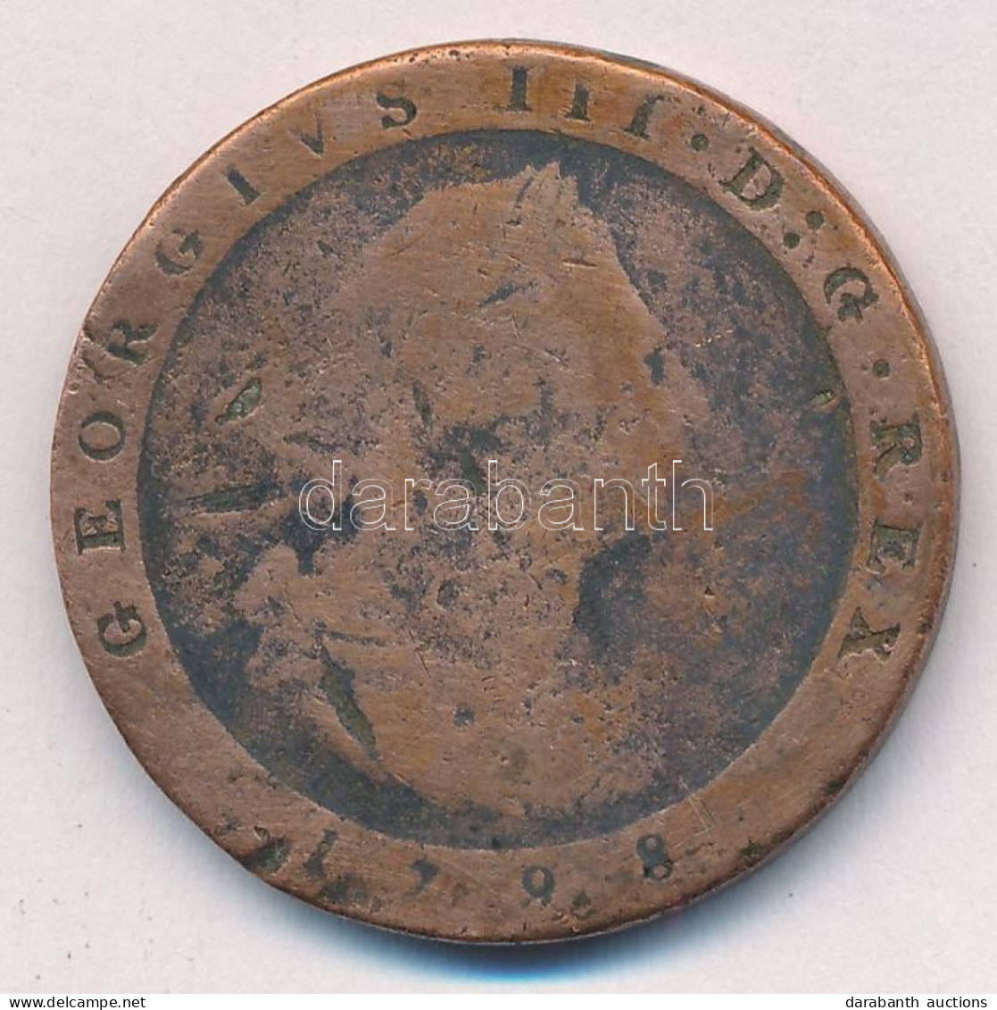 Man-sziget 1798. 1p Cu "III. György" (20,15g) T:F Ph, ü. Isle Of Man 1798. 1 Penny Cu "George III" (20,15g) C:F Edge Err - Non Classés