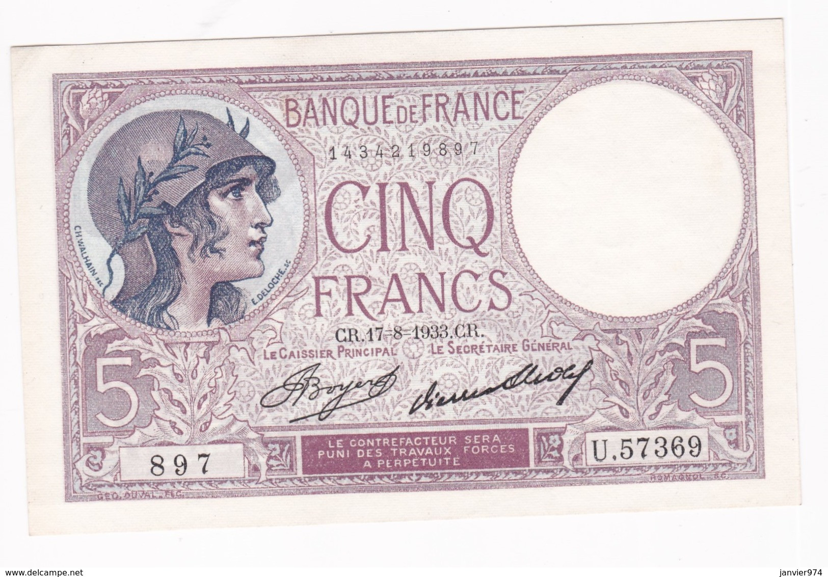 5 Francs Violet 17 – 8 – 1933. Alphabet : U.57369 N° 897 , Billet Neuf. - 5 F 1917-1940 ''Violet''