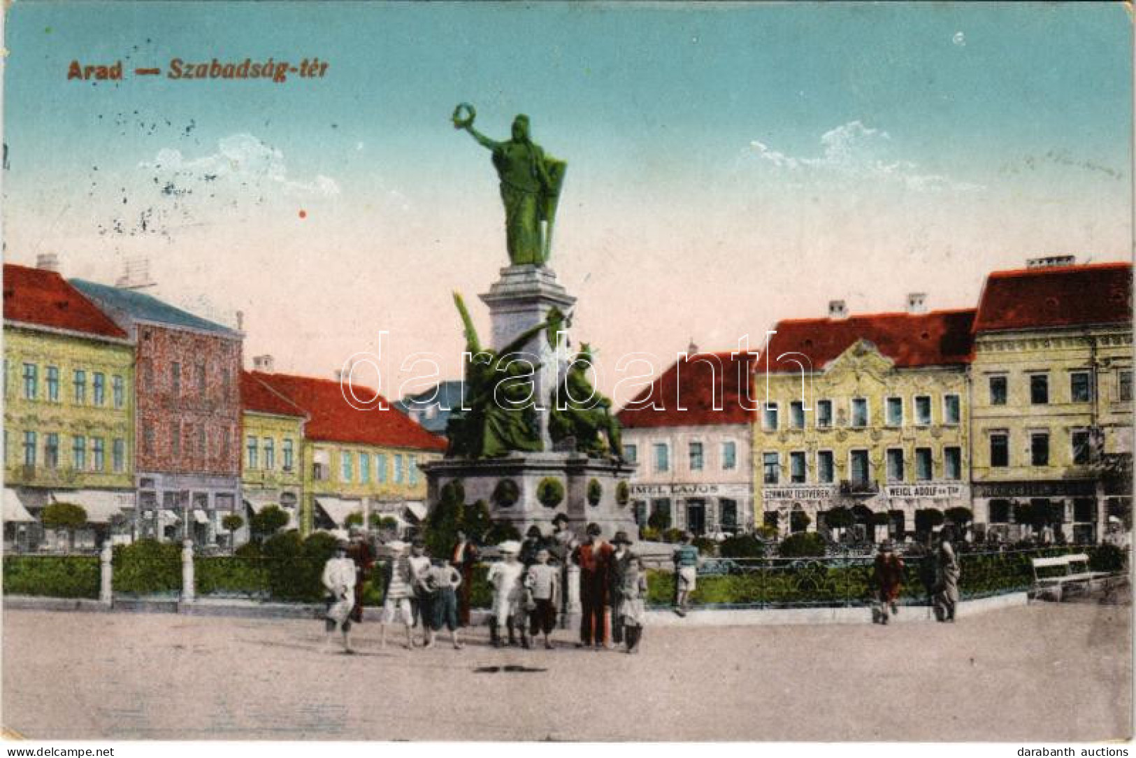 T2 1918 Arad, Szabadság Tér és Szobor, Herbstein Mór, Weigl Adolf és Társa, Schwarz Testvérek és Daimel Lajos üzlete. Ke - Zonder Classificatie