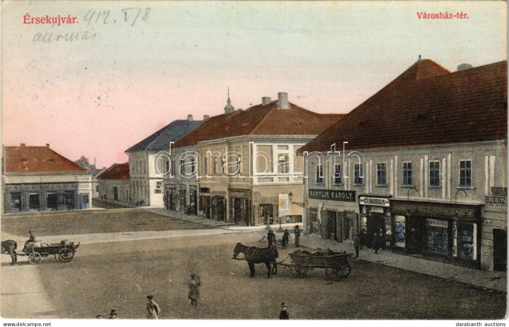 T2 1912 Érsekújvár, Nové Zámky; Városház Tér, Schulcz Ignácz, Cukorka, Bartlik Károly és Freund Miksa üzlete. Schulcz Ig - Unclassified