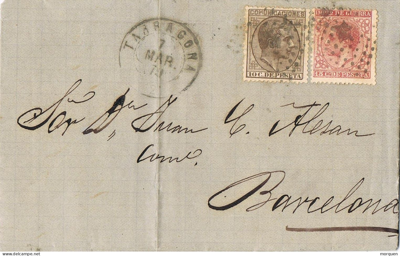 52558. Carta Entera TARRAGONA 1879. Fechador Trebol, Rombo Puntos. Impuesto De Guerra - Storia Postale