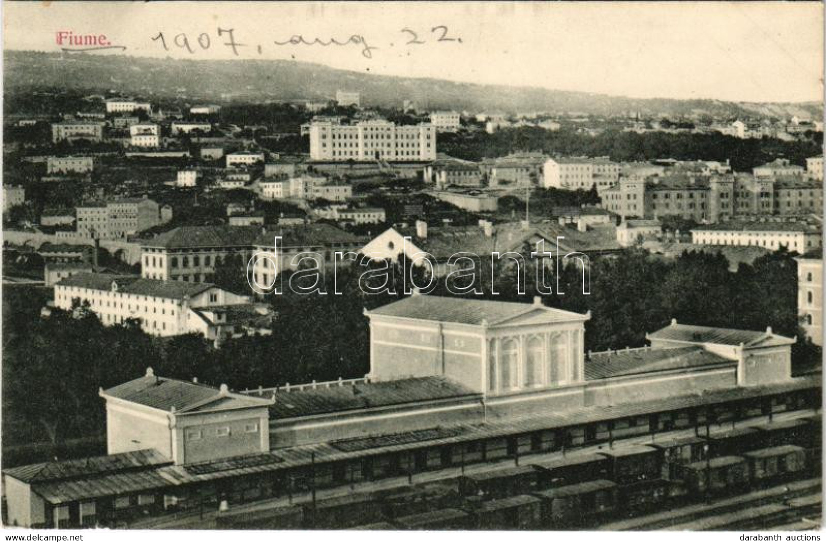 T2/T3 1907 Fiume, Rijeka; Látkép, Vasútállomás / General View, Railway Station. D.K. Bp. 1906.-1229. (kis Szakadás / Sma - Unclassified