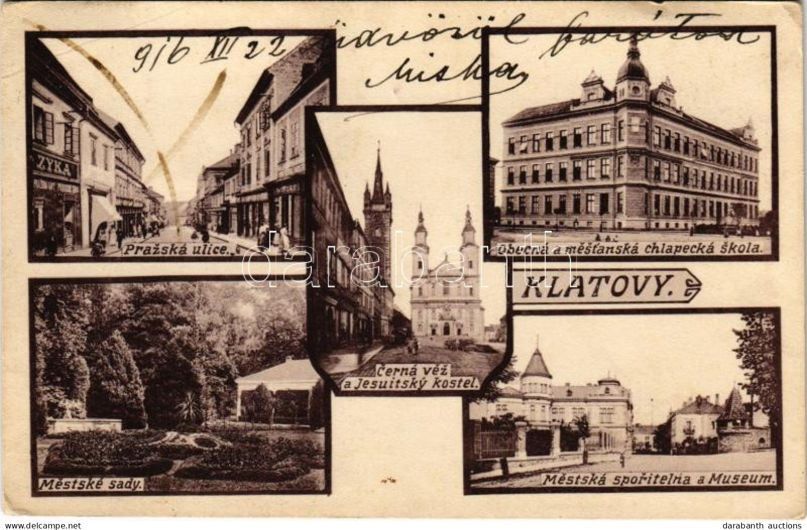 T2/T3 1916 Klatovy, Prazská Ulice, Mestské Sady, Cerná Vez A Jesuitsky Kostel, Obecná A Mestanská Chlapecká Skola, Mests - Non Classés