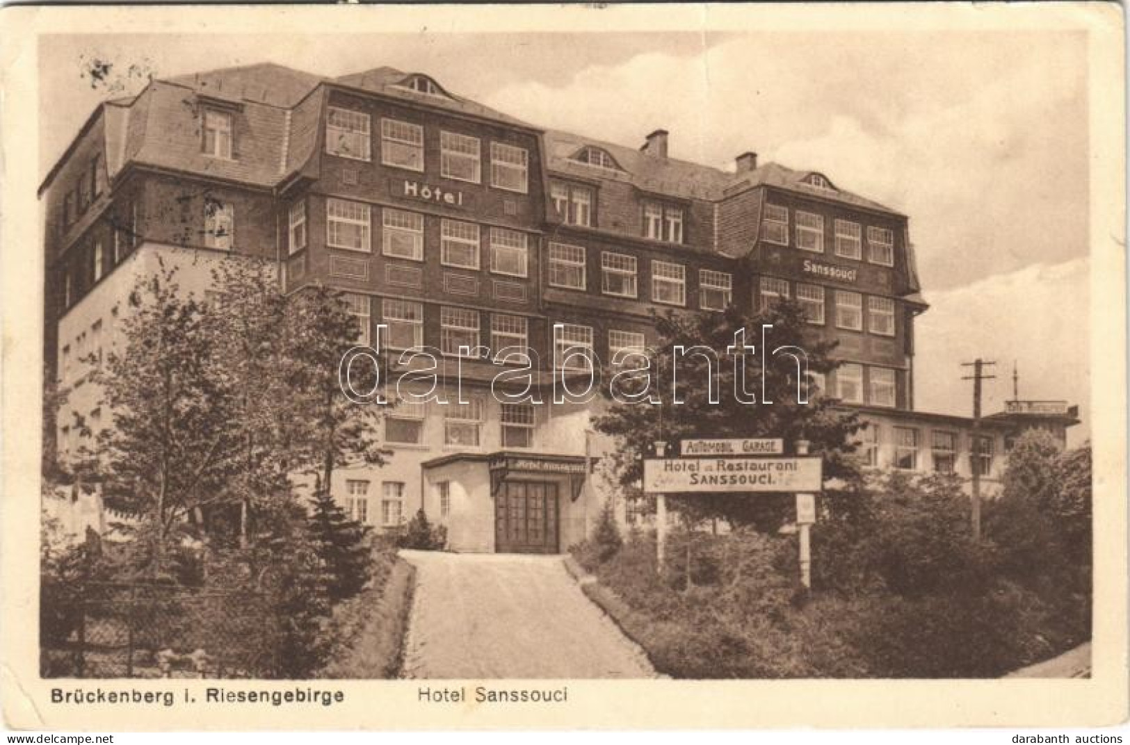 T3 1929 Bierutowice, Brückenberg, Karpacz Górny (Karpacz, Krummhübel); Hotel Sanssouci, Restaurant, Automobile Garage (f - Ohne Zuordnung