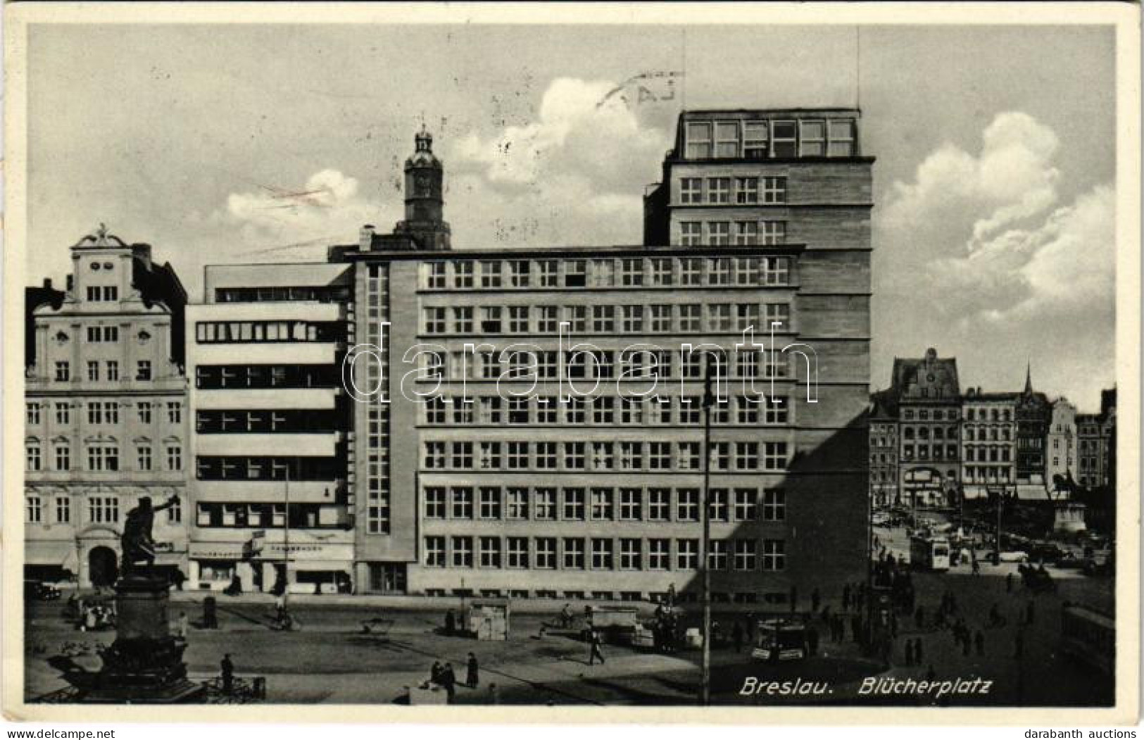 T2 1938 Wroclaw, Breslau; Bücherplatz, Fassbender, Mohrenapotheke / Square, Shops, Pharmacy, Tram, Automobiles - Zonder Classificatie