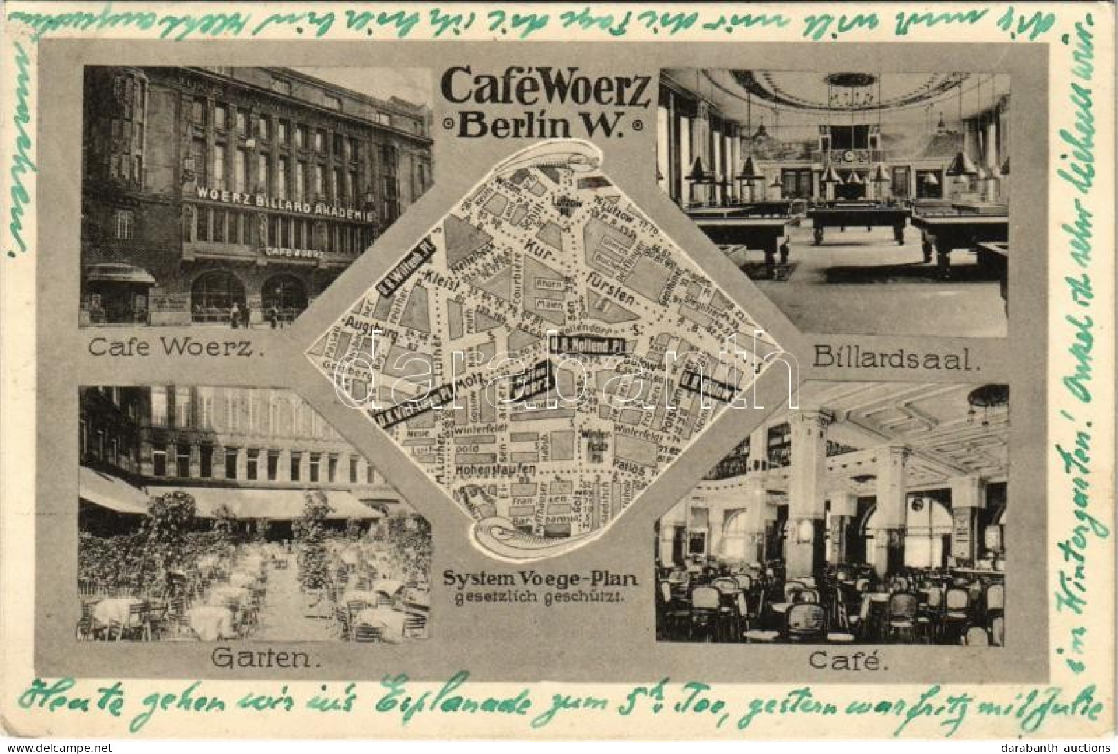 T2 1917 Berlin, Cafe Woerz, Woerz Billard Akademie, Bilardsaal, Garten, Café. System Voege-Plan / Café, Interior, Billia - Ohne Zuordnung