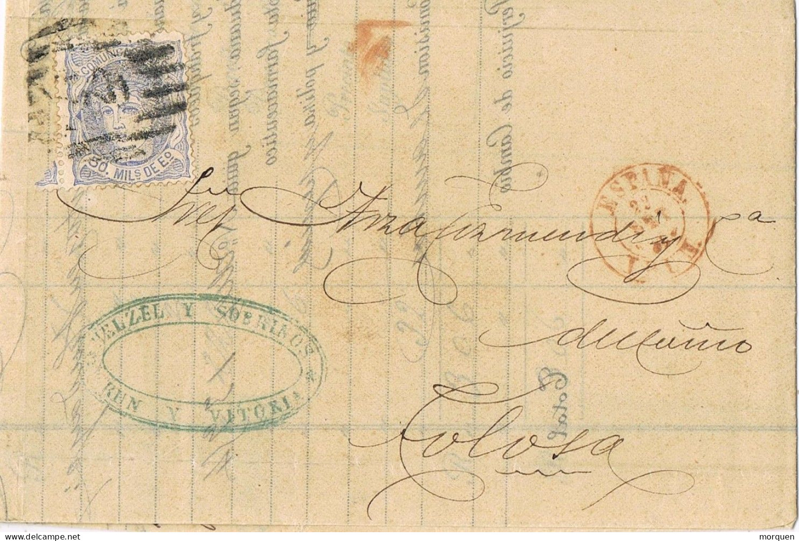 52559. Carta Entera IRUN (Guipuzcoa) 1871 A Tolosa. Fechador Rojo Fronterizo IRUN-ESPAÑA - Storia Postale