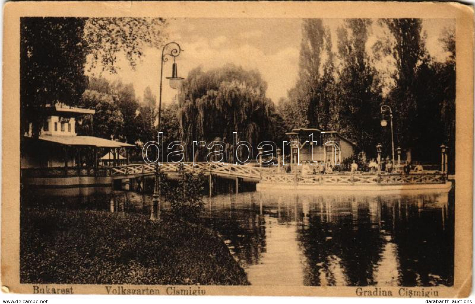 T3 1923 Bucharest, Bukarest, Bucuresti, Bucuresci; Gardina Cismigiu / Park, Lake (ázott / Wet Damage) - Zonder Classificatie