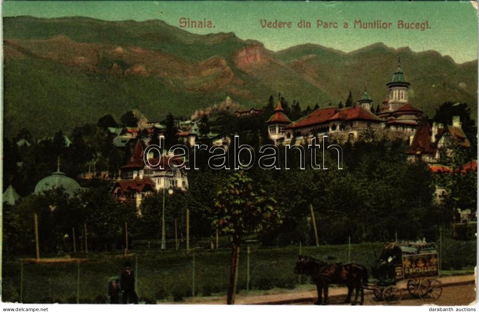 * T3 1908 Sinaia, Vedere Din Parc A Muntilor Bucegi / General View With Bucegi Mountains, Park, Villa, Horse-drawn Carri - Non Classés