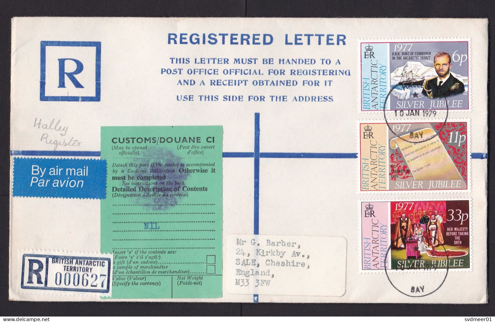 British Antarctic Territory BAT: Registered Cover To UK, 1979, 3 Stamps, C1 Customs Label, Via Falklands (traces Of Use) - Brieven En Documenten