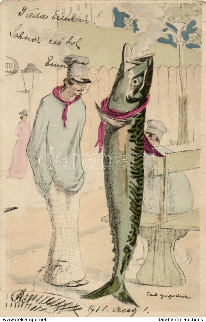 T2 French Humorous Art Postcard, Smoking Fish, Artist Signed - Unclassified