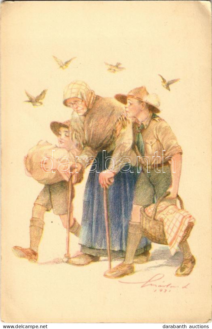 ** T2/T3 A Cserkész, Ahol Tud, Segít. A Magyar Cserkészszövetség Kiadása / Hungarian Boy Scout Art Postcard S: Márton L. - Ohne Zuordnung