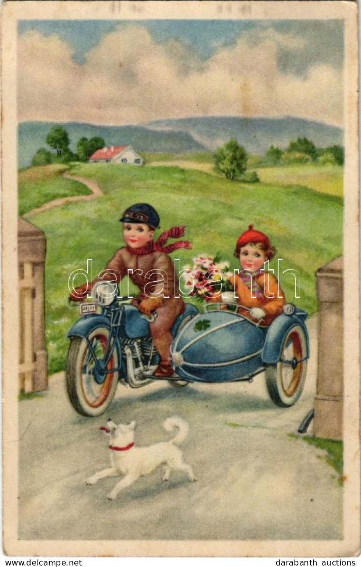 T2 Gyerekek Oldalkocsis Motorkerékpáron / Children In Sidecar Motorcycle. Erika Nr. 1270. - Zonder Classificatie