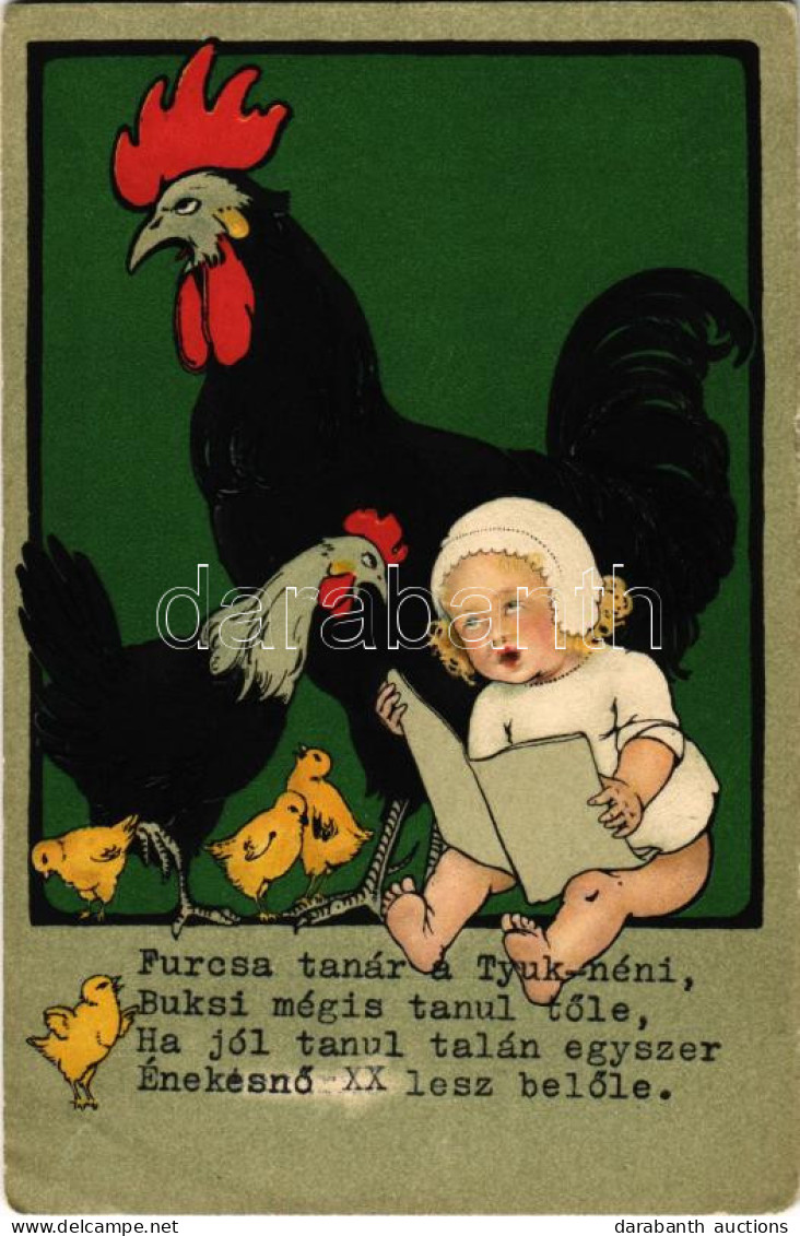 T3 Furcsa Tanár A Tyúk Néni... / Children Art Postcard With Rooster And Chicken. Litho (EB) - Non Classés