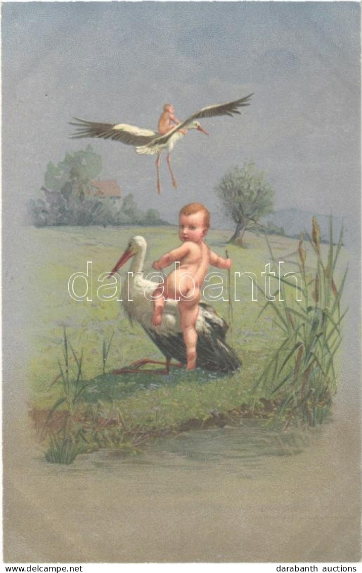 ** T2 Children With Stork. Litho - Non Classés