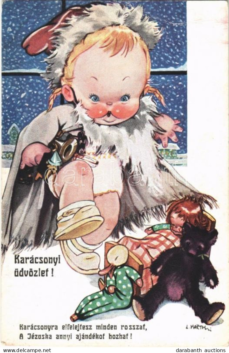 ** T3 Karácsonyi üdvözlet! / Christmas Greeting Children Art Postcard, Girl With Toys S: L. Martini (EB) - Ohne Zuordnung