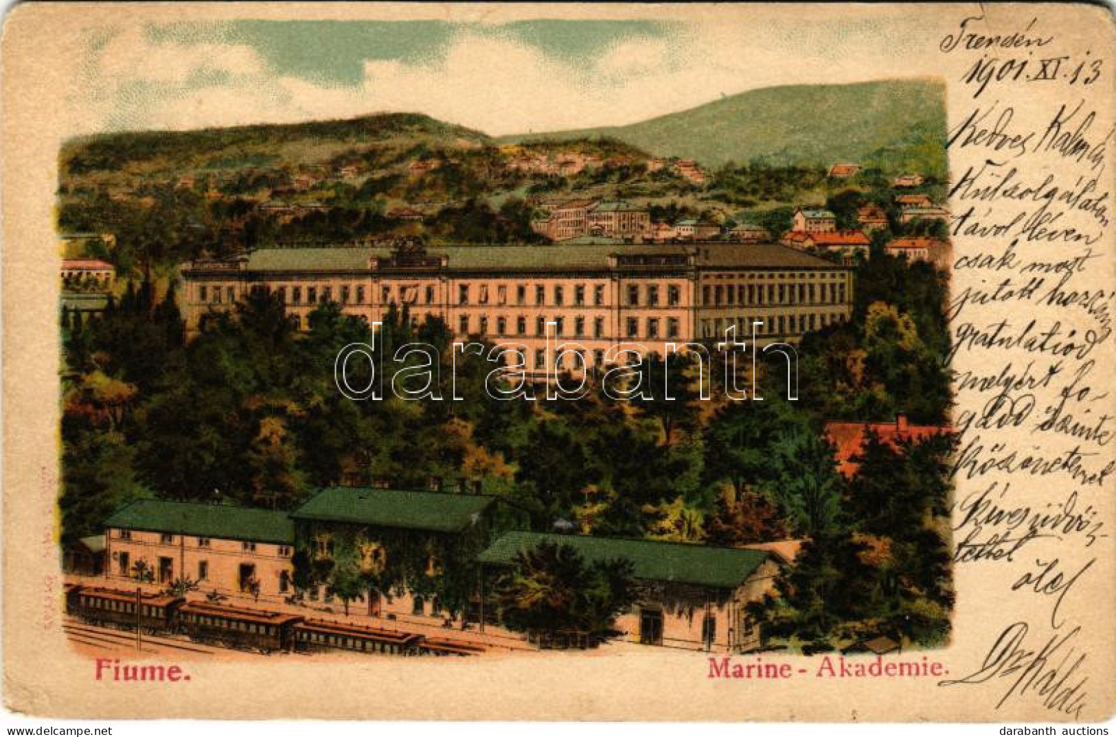T4 1901 Fiume, Rijeka; Osztrák-magyar Haditengerészeti Akadémia, Vasútállomás Vonattal / Academia Di Marina / K.u.K. Kri - Ohne Zuordnung