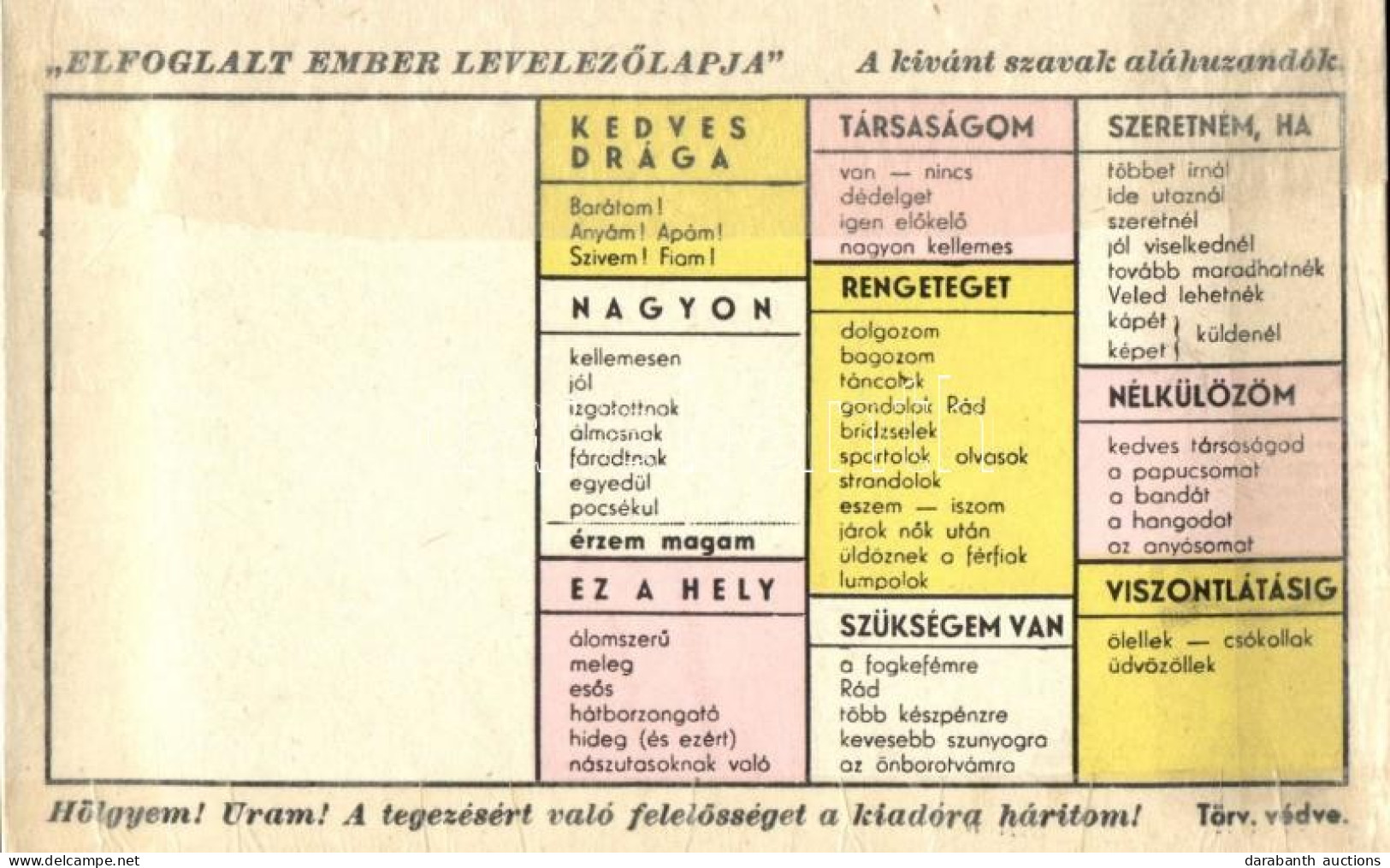 ** T2/T3 Elfoglalt Ember Levelezőlapja / A Busy Man's Postcard, Multiple Choice Card - Zonder Classificatie