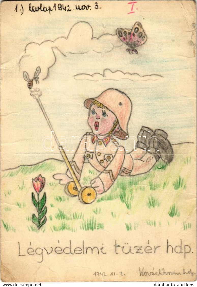 T3 1942 Légvédelmi Tüzér Hdp. Kézzel Rajzolt Katonai Humor Képeslap / Hungarian Hand-drawn Military Humour Art Postcard  - Unclassified