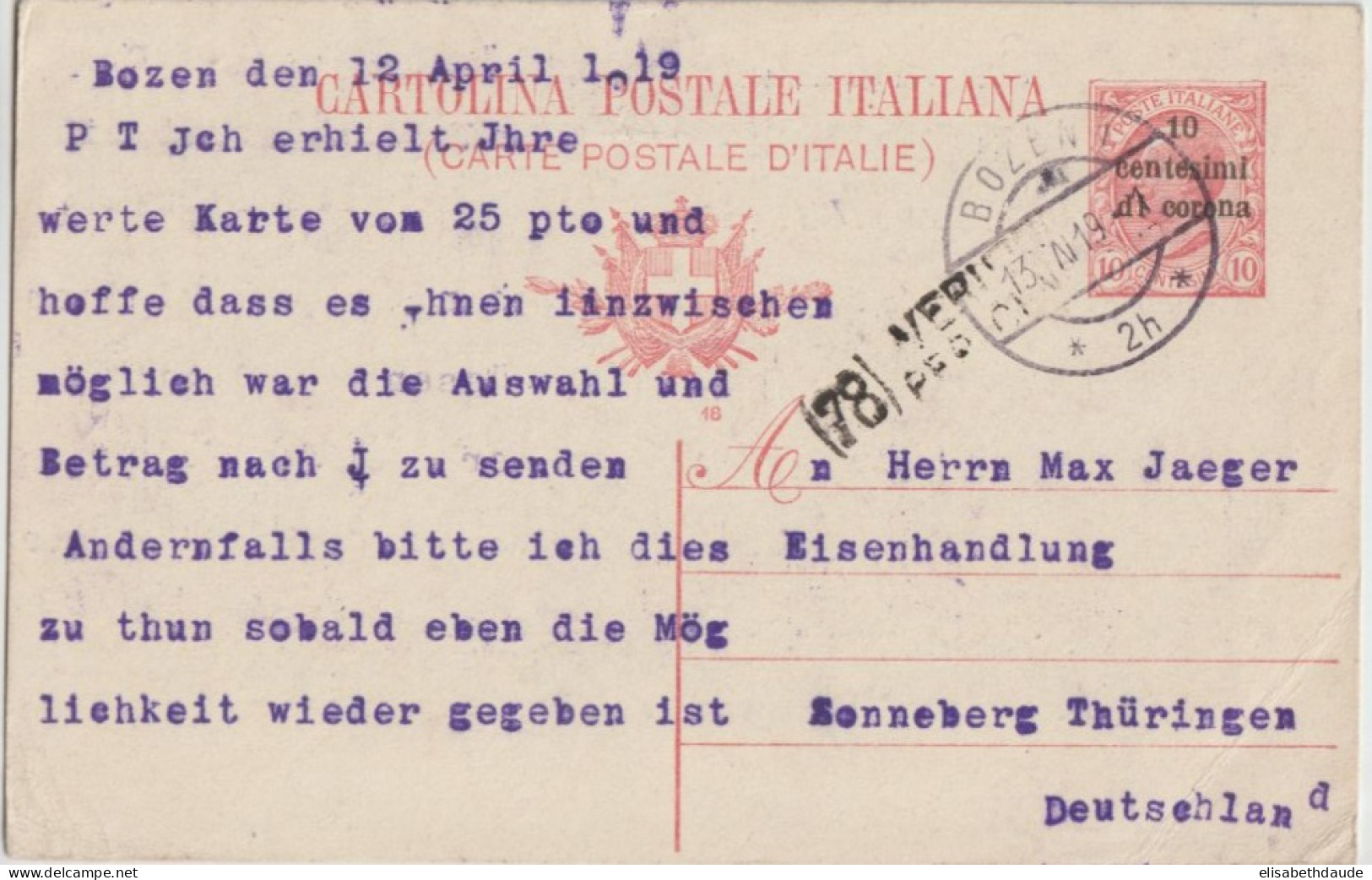 1919 - TRENTIN ANNEXE Par L'ITALIE ! - CP ENTIER CENSUREE De BOZEN ! => SONNEBERG (THÜRINGEN) - Trente