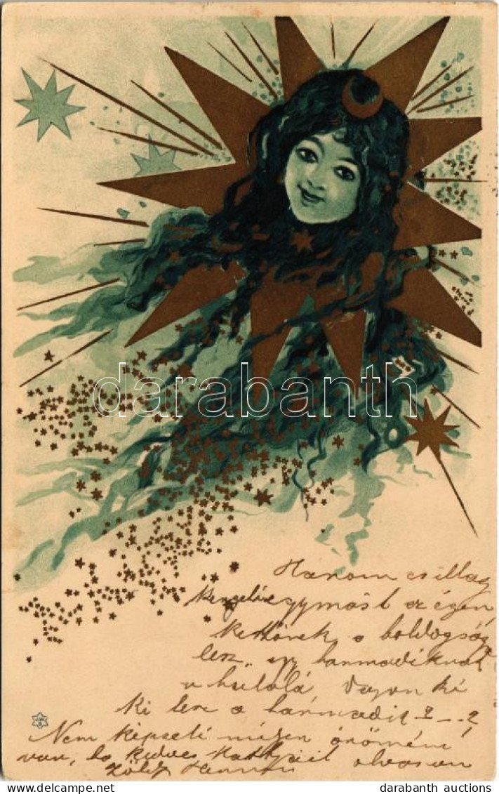 T2 1900 Szecessziós Hölgy Fej Csillagokkal / Art Nouveau Lady With Stars. Litho - Zonder Classificatie