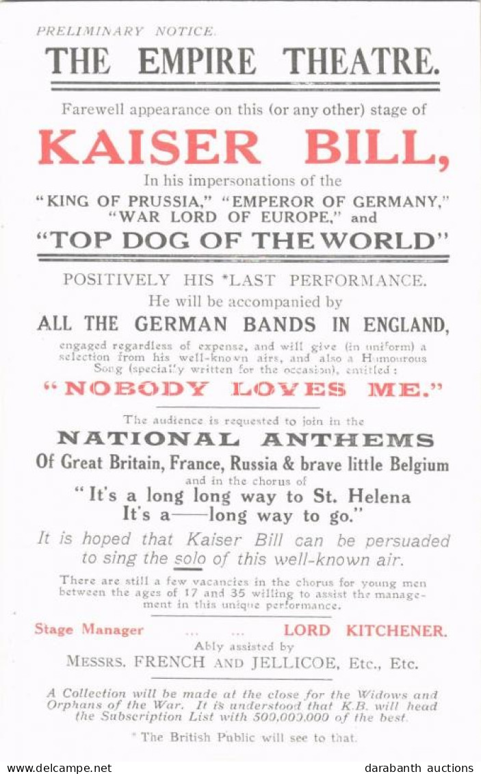 ** T2/T3 The Empire Theatre. Farewell Appearance On This (or Any Other) Stage Of Kaiser Bill. Wilhelm II Mocking Anti-Ge - Non Classés