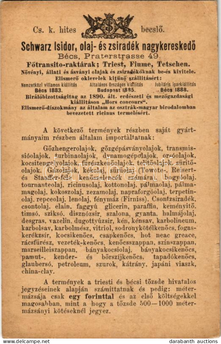 T2/T3 1891 (Vorläufer) Schwarz Isidor Olaj- és Zsiradék Nagykereskedő Reklámlapja. Bécs, Praterstrasse 49. / Viennese (W - Unclassified