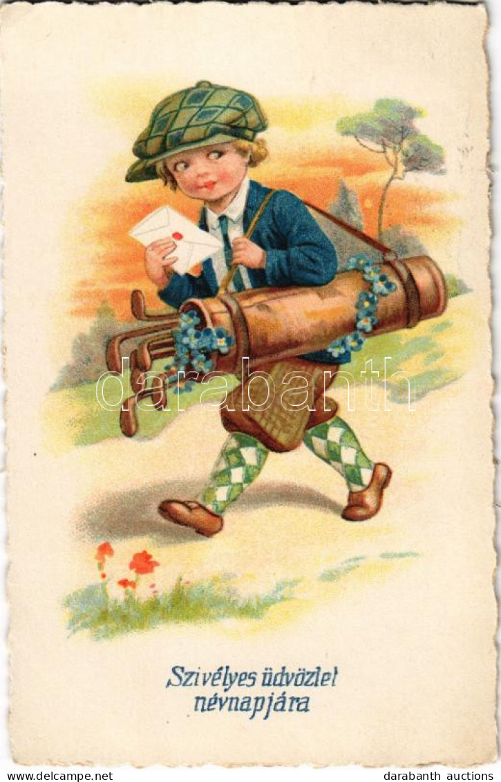 T2/T3 1930 Szívélyes üdvözlet Névnapjára / Name Day Greeting Card, Boy With Golf Clubs (EK) - Ohne Zuordnung