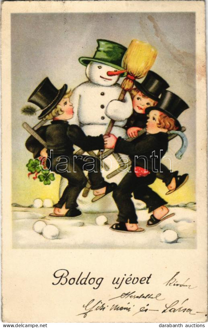 T3 1943 Boldog újévet! Kéményseprők Hóemberrel / New Year Greeting, Chimney Sweepers With Snowman. Ha.Co. 6550. (fl) - Sin Clasificación