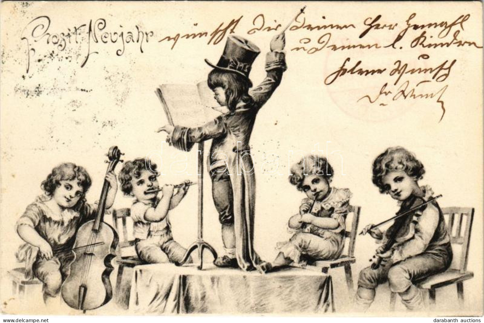 T2/T3 1903 Prosit Neujahr / New Year Greeting Art Postcard, Children's Band - Unclassified