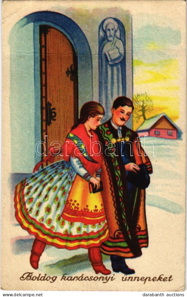 ** T3 Boldog Karácsonyi üdvözlet! Magyar Pár / Hungarian Folklore, Christmas Greeting (fa) - Non Classificati