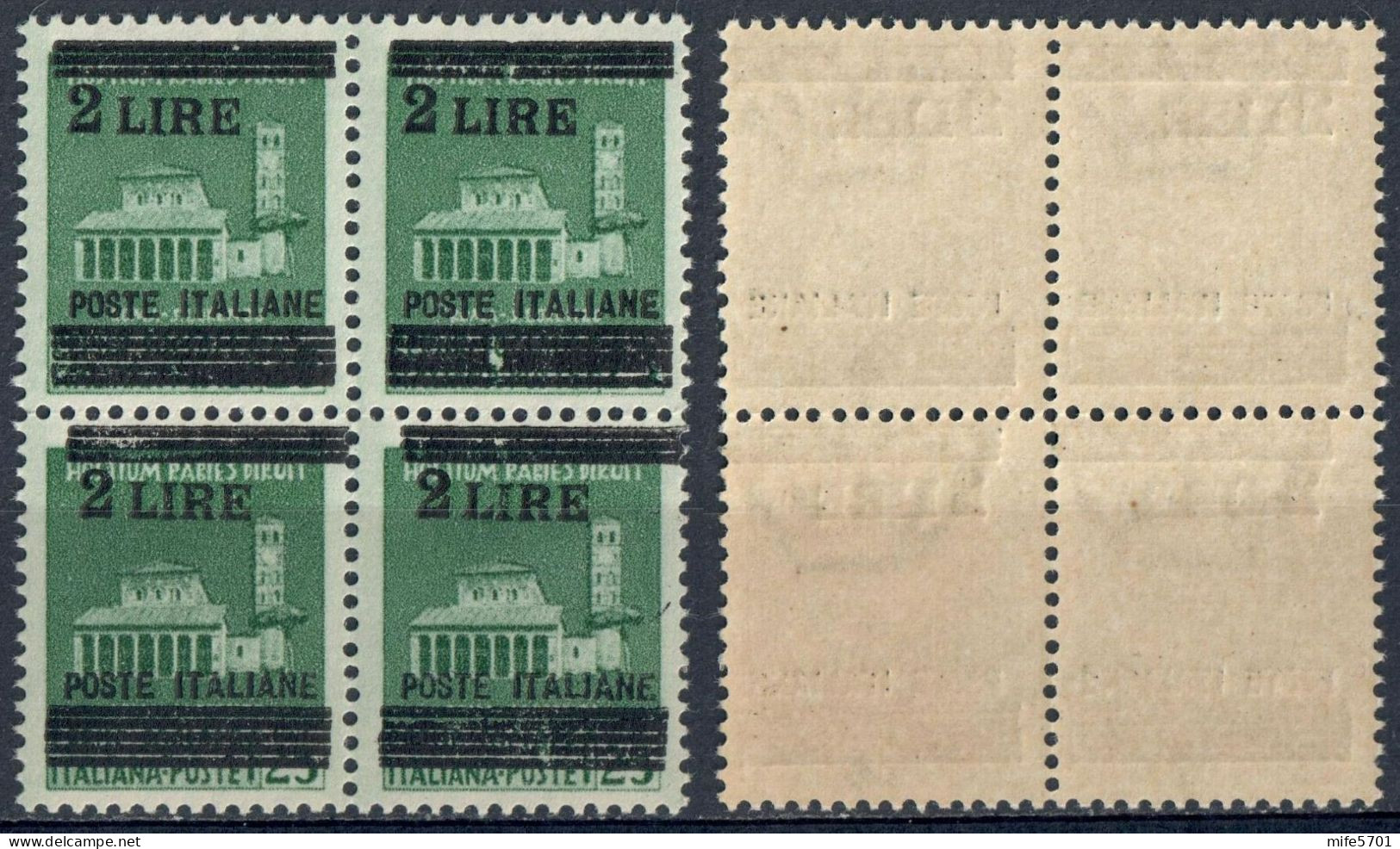 LUOGOTENENZA 1945 QUARTINA MONUMENTI DISTRUTTI SOPR.L. 2 / C. 25 VARIETÀ SOPRASTAMPA + IN ALTO MNH SASSONE 525b/525 - Neufs