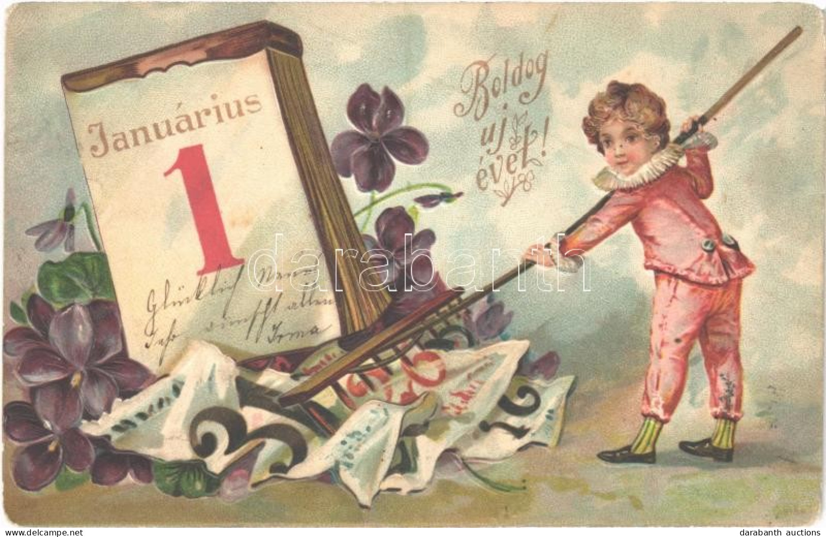 * T2/T3 1905 Januárius 1. Boldog Újévet! / New Year Greeting Emb. Litho Art Postcard With Street Sweeper - Zonder Classificatie