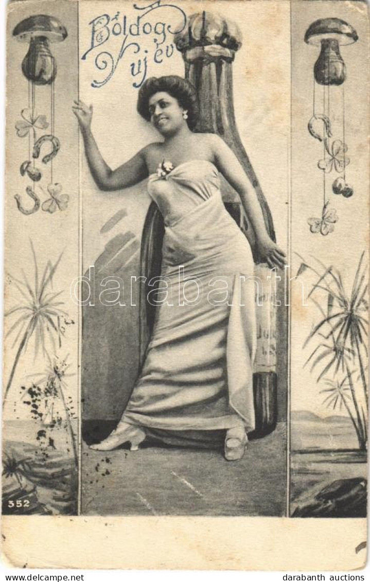 T2/T3 1908 Boldog Újévet! / New Year Greeting Card, Lady With Champagne, Clover And Horseshoe (EK) - Non Classificati