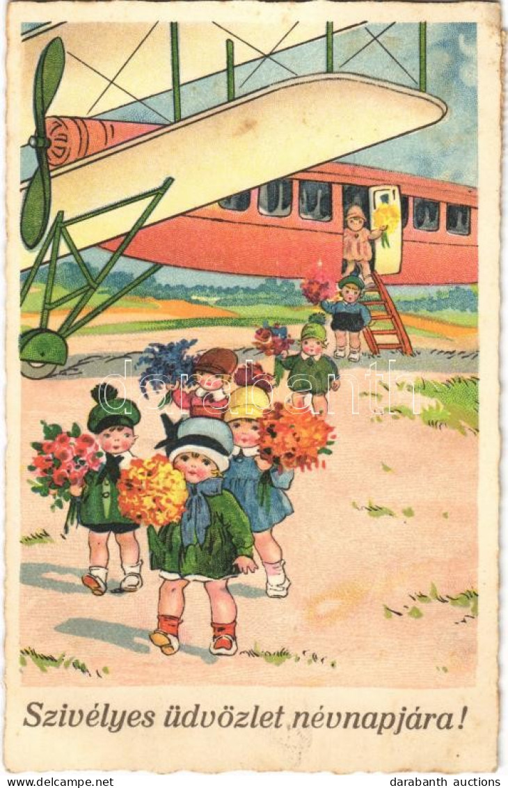 T2/T3 1938 Szívélyes üdvözlet Névnapjára! / Name Day Greeting Card, Children With Flowers And Airplane (EK) - Zonder Classificatie